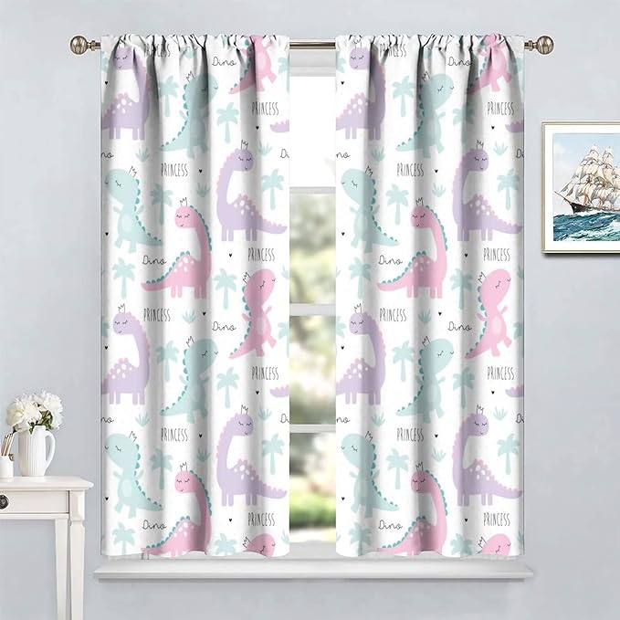 Kids Dinosaur Curtains for Boys Girls Bedroom Decor Cartoon Dino Colorful Cute Funny Animal Wildlife Printed Blackout Rod Pocket Window Drapes for Baby Nursery Playroom W27.5xL63in 2 Panels