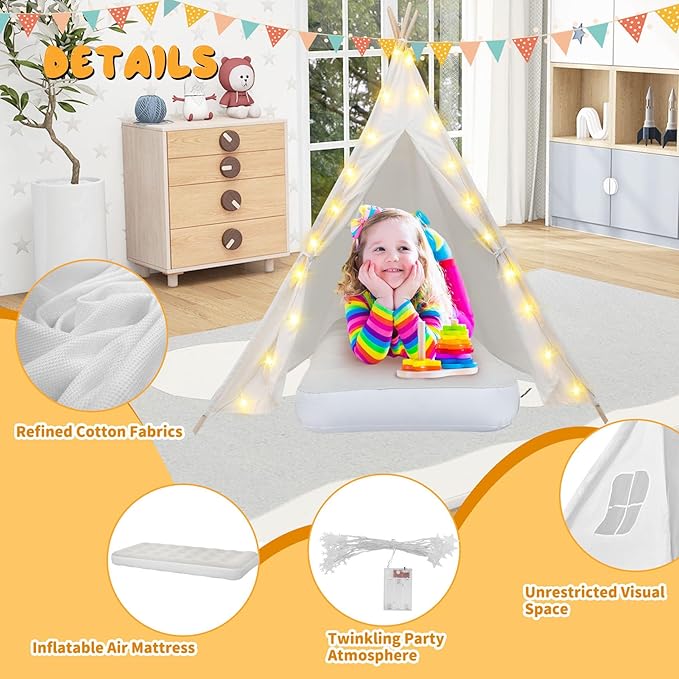 6 Pack Teepee Tent for Kids [Thickened] with Light String and Inflatable Airbed, Slumber Party Tents, Sleepover Tents Party for Girls Boys Indoor Outdoor (White)