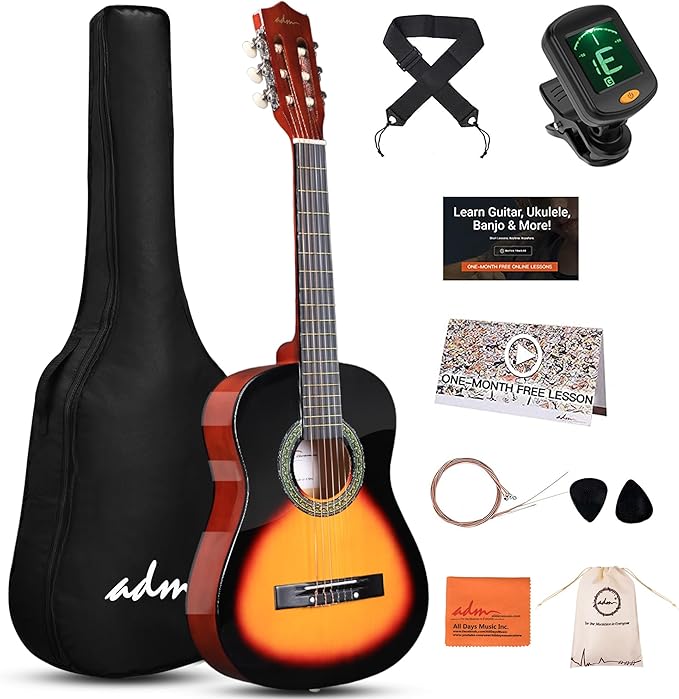 ADM Beginner Acoustic Classical Guitar Nylon Strings Wooden Guitar Bundle Kit for Kid Boy Girl Student Youth Guitarra Online Lessons with Gig Bag, Strap, Tuner, Strings, Picks (34 Inch, Sunburst)