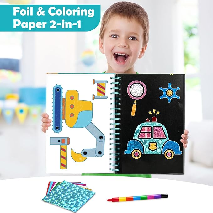 FUNNYB&G Foil Art Craft Activity for Kids - Gift for Boys Crafts for Kids Fun Art Supplies DIY Creative Travel Toy, Birthday Gift Party Favor Toys for Girls Boys 4 5 6 7 8 9 Years Old (Vehicle)