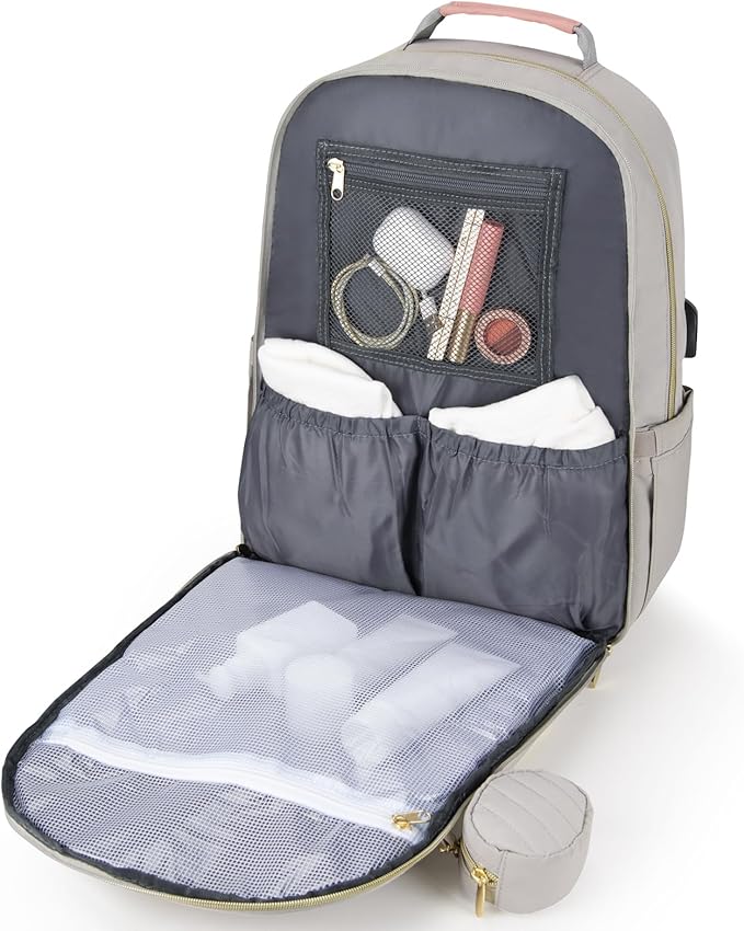 MOMUVO Diaper Bag Backpack, Quilted Baby Bag with Changing Pad and Stroller Straps and Pacifier Case, Multifunction Waterproof Travel Diaper Bags, Unisex, Light Grey and Pink