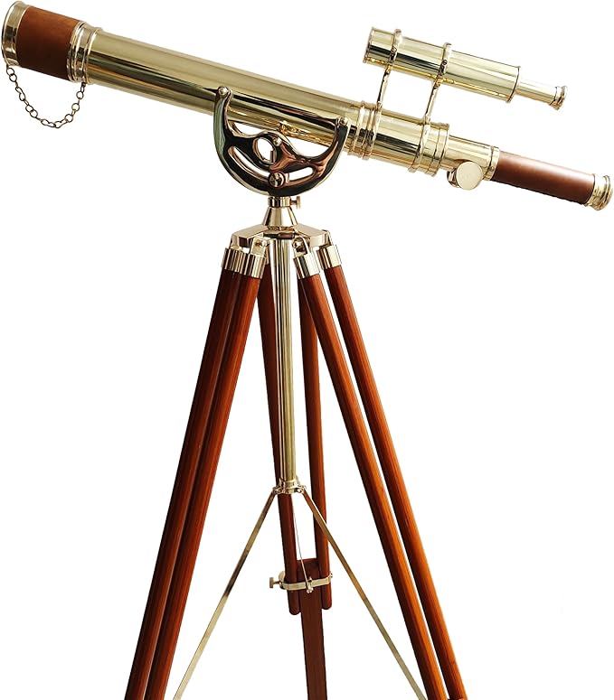 Vintage Maritime Anchor Master Telescope Shiny Brass Adjustable Wooden Tripod Royal Educational Telescopes Double Barrel Brown Leather Nautical Home Decor & Office
