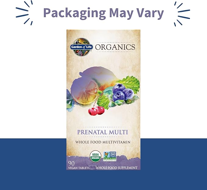 Garden of Life Organics Women’s Prenatal Multivitamin with Vitamin D3, B6, B12, C & Iron, Folate for Energy & Healthy Fetal Development – Organic, Non-GMO, Gluten-Free, Vegan, 90 Day Supply