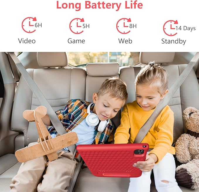 JREN Tablet for Kids｜10 Inch Kids Tablet Android 14｜Octa-core｜64GB｜WiFi ｜Bluetooth｜Parental Control｜Children Content｜Children Toddler Red