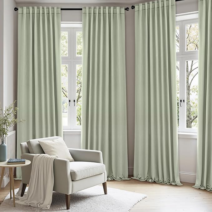 ANRODUO Back Tab Blackout Curtains for Bedroom Living Room, Rod Pocket Pinch Pleated Thermal Insulated Room Darkening Curtains 94 Inches Long 2 Panels, Sage Green, 42 x 94 Inch
