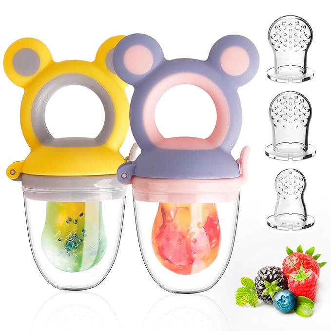 Baby Solids/Frozen Fruit Feeder Pacifier, Infant Teether Toy 4M+, BPA-Free Silicone Pouch & Nipple, Safely Introduce Solids, Teething Relief, 2-Pack - Yellow/Purple (Mouse)
