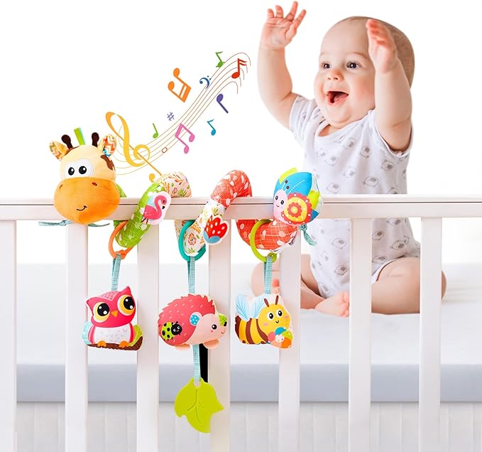 Jollybaby Crib Stroller Car Seat Toys for Baby 0-3-6-9-12 Months, Tummy Time Hanging Sensory Toys for Newborn with Music Box and Teether, Spiral Carseat Toy for Infant Boys Girls Gifts (Yellow)
