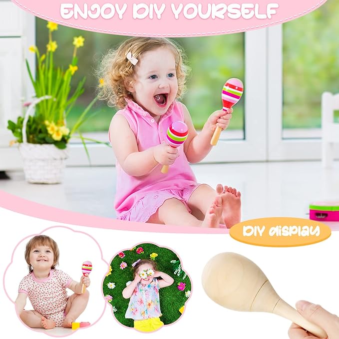 Leitee 6 Pcs DIY Wood Maracas Unfinished Hand Painted Maracas Party Favor Wooden Rumba Shakers Hand Percussion Rattles Musical Instruments with Clear Sound for Kid Adult(Log Color)