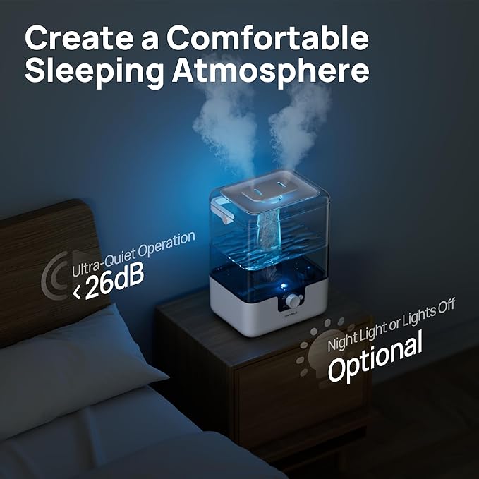 CHIVALZ 6L Humidifiers for Bedroom Large Room Home, Cool Mist Top Fill Humidifiers for Baby Nursery and Plants, 26dB Quiet, Nightlight, Up to 50 Hours, Oil Diffuser 1 Pack + 2 Mist Outlets White