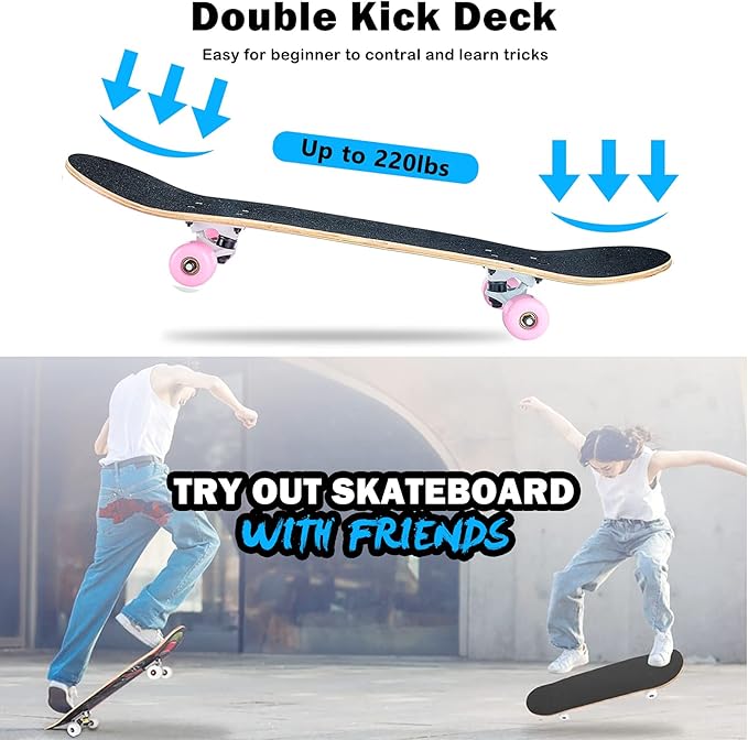 Skateboard,31 x 8 Inch Complete Skateboard, 8-Layer Maple Wood Deck Double Kick Standard Skateboards for Kids, Teens, Adult, Beginner