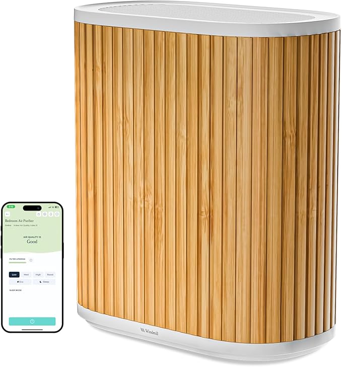 Windmill Air Purifier for Home - 3-In-1 Filtration for Smoke & More - True HEPA Filter, Activated Carbon, & Pre-Filter - Covers Up To 1950 sq ft - Ultra-Quiet - App Compatible - Bamboo