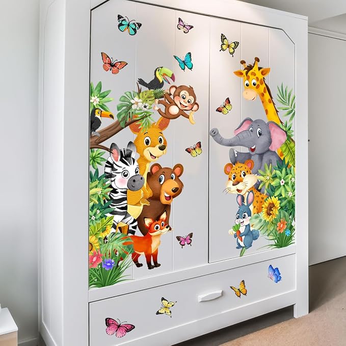Jungle Animal Wall Decals, Cartoon Animal Sticker Safari Elephant Lion Monkey Wall Decals for Baby Room Playroom Bedroom Classroom Kindergarten Decor