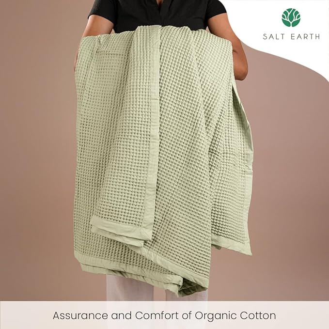 Salt Earth GOTS Certified 100% Organic Cotton Throw Blanket, 60" X 80" Waffle Blankets & Throws for Bed, Throw Blanket for Couch, Modern and Cozy Blanket, All Seasons Comfy Soft Blanket (Sea Foam)