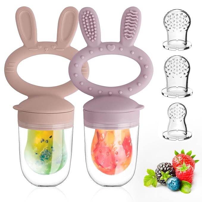 Baby Solids/Frozen Fruit Feeder Pacifier, Infant Teether Toy 4M+, BPA-Free Silicone Pouch & Nipple, Safely Introduce Solids, Teething Relief, 2-Pack (Rabbit - Pink Purple, S/M/L)