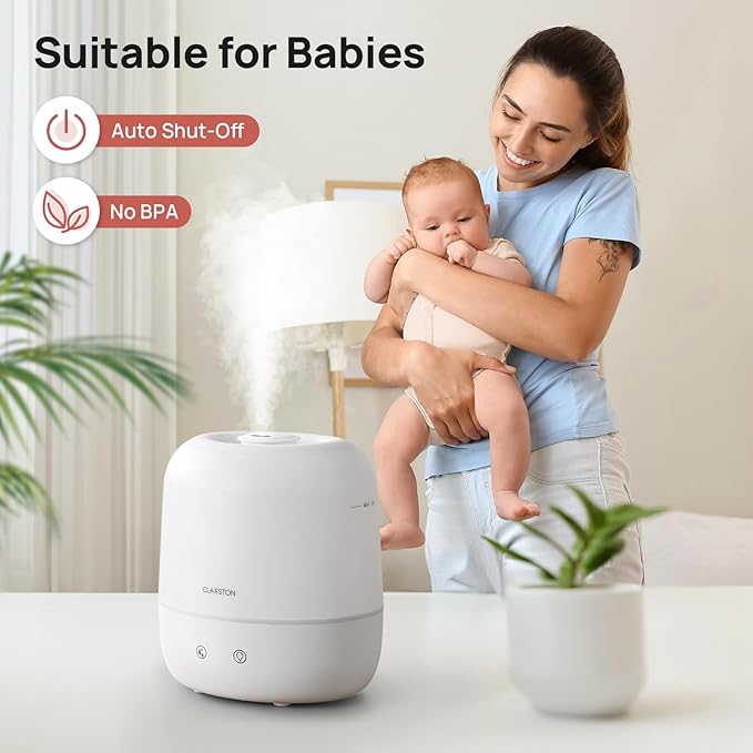 2L Cool Mist Humidifier for Bedroom with 360° Adjustable Nozzle, High and Low Mist Levels, Ultra-Low Noise, Light-Off, No BPA, Auto Shut Off, Ideal Baby Humidifier with Easy Top Filling