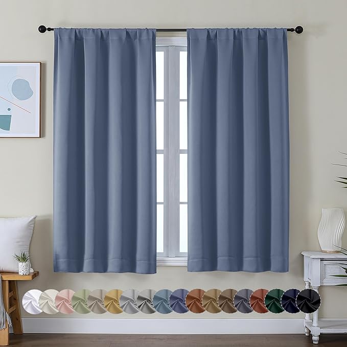 Simplebrand Ava Denim Blue Short Blackout Curtains for Bedroom 54 Inches Long 2 Panels Set, Solid Thermal Insulated, Energy Saving Window Treatment Curtains Blackout Drapes, W40 x L54 Inch, Denim Blue
