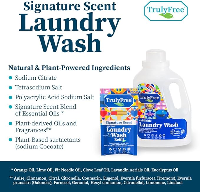 Natural Laundry Detergent for Sensitive Skin | Eco Friendly, Plant Based, Baby Clothes Safe | Clean & Easy Powder to Liquid, 6 Pack Refill Detergent, NO Jug | Signature Scent, 300 Loads