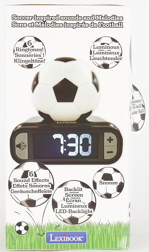 LEXiBOOK - Soccer Ball Digital Alarm Clock with Night Light Snooze, Clock, Luminous Soccer Ball, Black Colour - RL800FO
