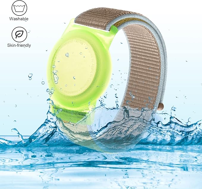 Kids Wristband Compatible with Apple AirTag, Protective Case for Air Tag GPS Tracker Holder with Nylon Bracelet, Adjustable Anti Lost Watch Band for Toddler Child Elder(Yellow & Khaki)