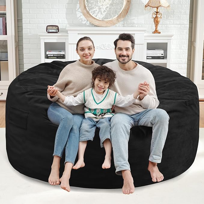 5FT Bean Bag Chair, Large Bean Bag Chairs with Memory Foam Filled, Fluffy Beanbag Sofa with Dutch Velvet Cover, Round BeanBag Chairs for Living Room, Playroom - Black