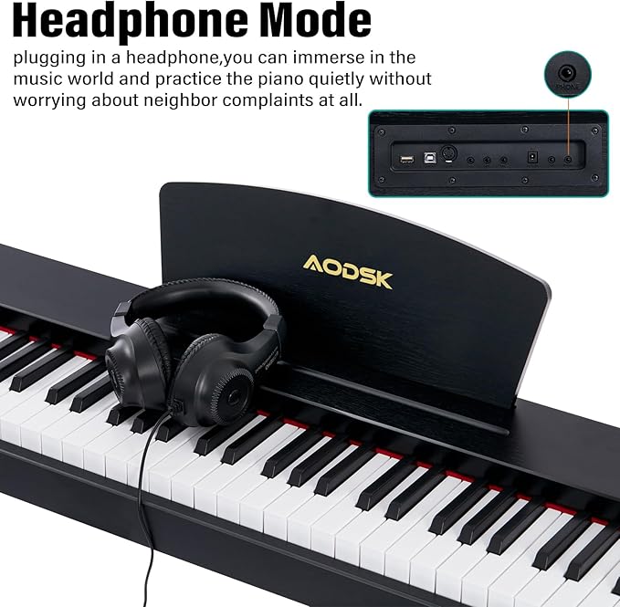 AODSK Beginner Digital Piano 88 Key Keyboard,Full-size Electric Piano for Beginners,with Sheet Music Stand,Pedal,Power Adapter,Headphone Mode,USB-MIDI,Piano Lessons,Black,-Comes with headphones