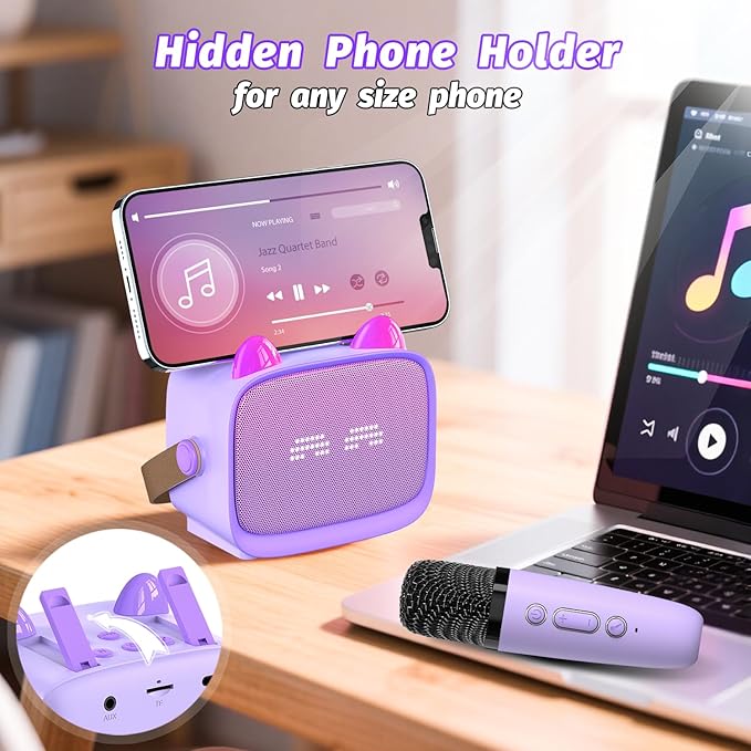 Mini Karaoke Machine Toys Gifts,Kids Portable MP3 Player with 2 Wireless Microphone and LED,Christmas Birthday Gifts for Girls Boys 3 4 5 6 7 8+ Year Old (Purple)