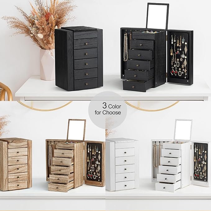 Meangood Jewelry Box Wood for Women, 6-Layer Large Organizer Box with Mirror & 5 Drawers for Rings, Earrings, Necklaces, Vintage Style, Black