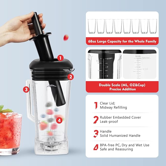 Blender 2L Automatic Smoothie Mixer Baby Food Blender 68oz Fruit Vegetables Juicer 2200W High-Speed Blender Tabletop Soundproof Milkshake Maker (Black)