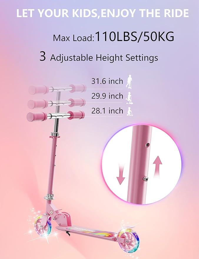 Scooter for Kids Ages 3+, 2 Wheels Kids Kick Scooter with Led Light Up & 3 Levels Adjustable, Lightweight Foldable for Boys&Girls