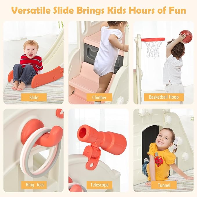 BABY JOY Toddler Large Slide, 6 in 1 Slide for Kids with Basketball Hoop, Ring Toss, 2 in 1 Convertible Climbing Way, Freestanding Kids Slide Climber Set for Indoors Outdoor Boys Girls Gifts Present