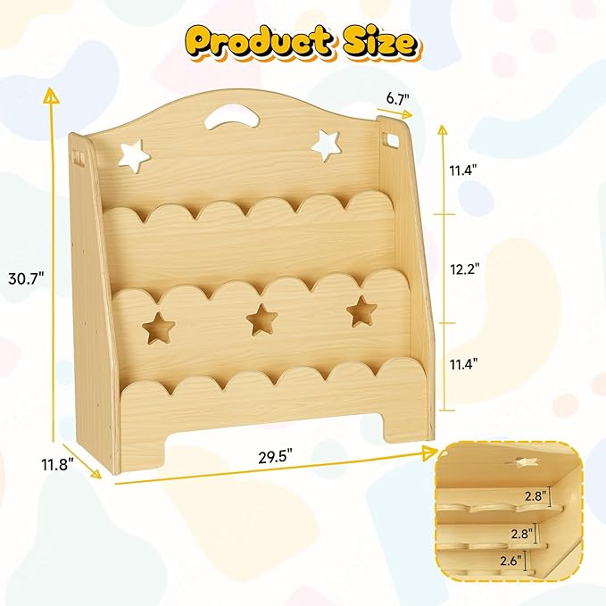 3-Tier Montessori Wooden Bookshelf for Kids, Toddler Book Rack Toy Organizer and Storage, Small Book Display Stand for Baby, Bookshelves Furniture for Classroom, Nursery, Playroom, Library