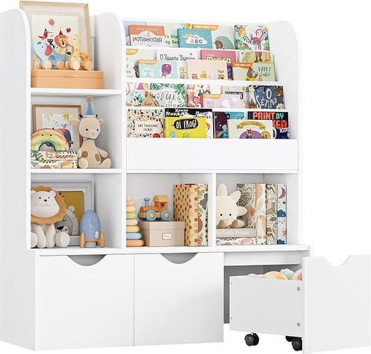 FOTOSOK 47'' Kids Bookcase and Bookshelf, Multifunctional Bookcase with 5 Storage Cubbies and 3 Movable Drawers, Toy Storager Display Stand, Toy Storage Organizer for Bedroom, Playroom, Hallway, White