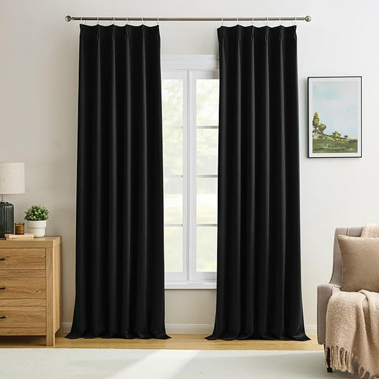 KEQIAOSUOCAI Black Blackout Curtains 138 Inches Long for Living Room Patio Door 2 Panels Set Room Darkening Pinch Pleated Extra Long Polyester Pinched Curtains Thermal Insulated Drapes 40 Wide