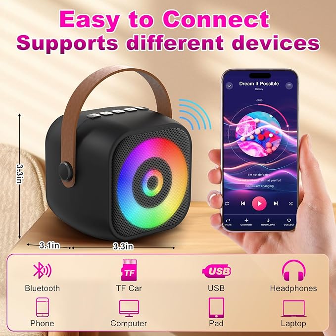 Mini Karaoke Machine, Portable Bluetooth Karaoke Speaker with 2 Wireless Mics for Kids and Adults, Birthday Gifts for Girls and Boys 3-12+ Years Old Birthday Party Home Black