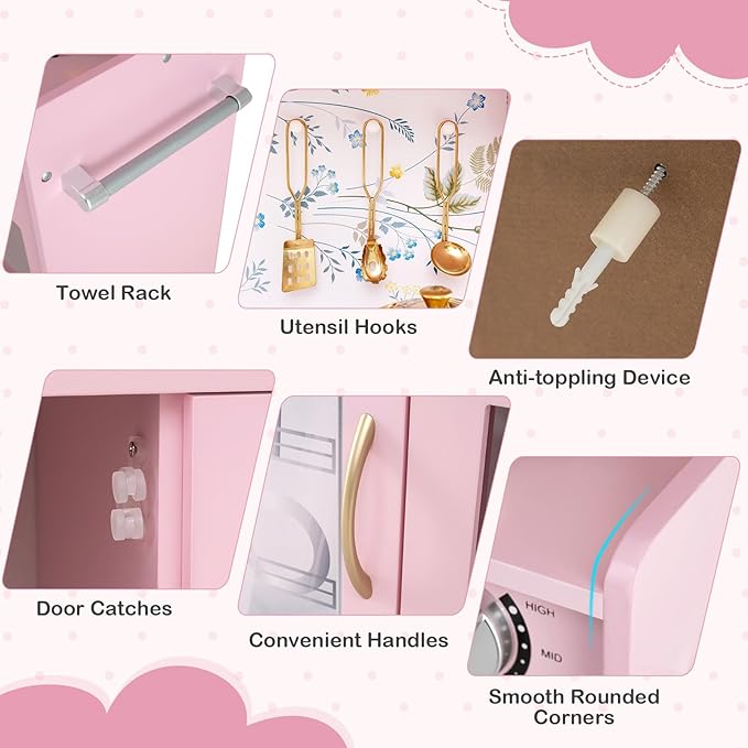 HONEY JOY Kids Kitchen Playset, Wooden Little Chef Pretend Toy Kitchen Set w/Chalkboard, Telephone, Utensils, Oven, Microwave, Sink, Storage, Play Kitchen for Toddlers Boys Girls, Pink Flower