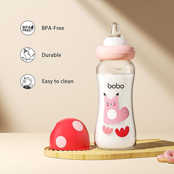 YOHKOH Natural Glass Baby Bottle with Natural Response Nipple, Newborn Anti-Colic Baby Bottles, Wide Neck Mushroom Cap Baby Bottle, Clear (8.8ounce (Pack of 2), Multicolour2)