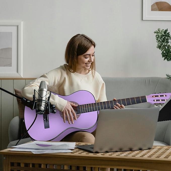 ADM Beginner Acoustic Classical Guitar 38 Inch Nylon Strings Wooden Guitar Bundle Kit for Kid Boy Girl Student Youth Guitarra Online Lessons with Gig Bag, Strap, Tuner, Strings, Purple