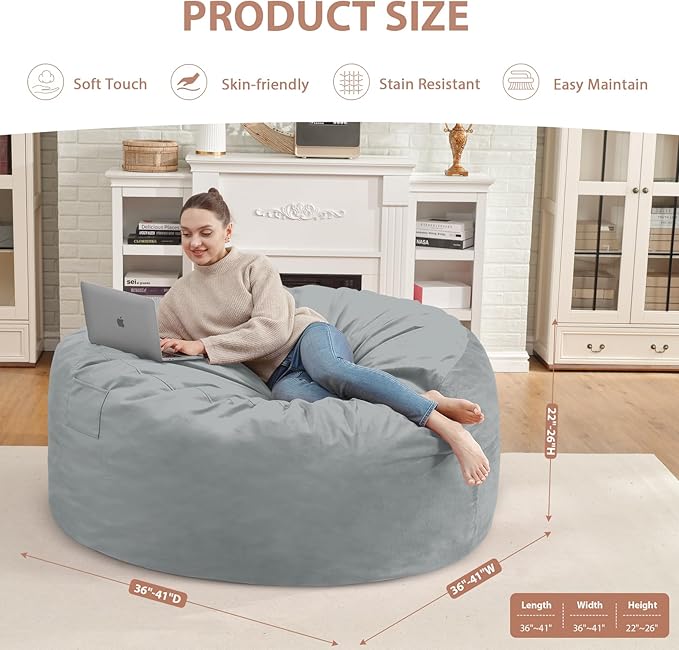 3FT Bean Bag Chair, Comfy Bean Bag Chairs with Memory Foam Filled, Fluffy Beanbag Sofa with Dutch Velvet Cover, Round BeanBag Chairs for Living Room, Playroom - Light Grey