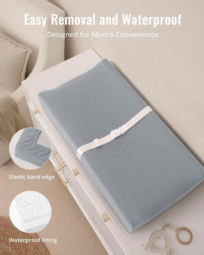 Blissful Diary Muslin Baby Changing Pad with Waterproof Lining Foam, Diaper Changing Table Pad with Cover for Dressers (Gray, Rectangular)