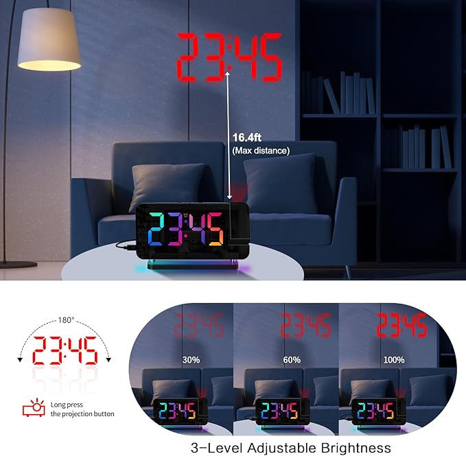 Projection Alarm Clock for Bedroom Ceiling,RGB Digital Clocks Radio with 10 Colors RGB Night Light,Loud Alarm Clock for Heavy Sleepers,USB C Charger Port,Snooze,12/24H,Auto Dimming