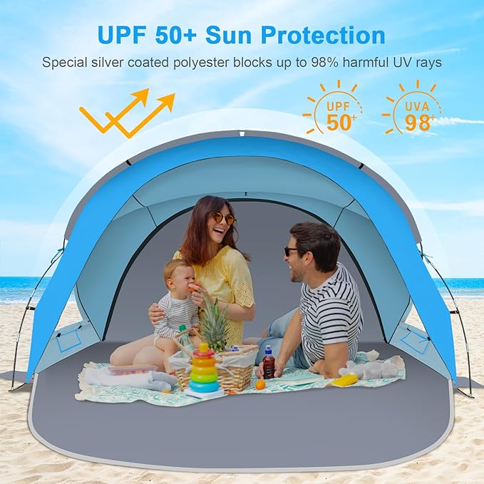 Gorich Beach Tent Sun Shelter with UPF50+ UV Protection for 3/4-5/6-7 Person, Lightweight & Portable Beach Shade Canopy with 2 Zippered Doors, Easy Setup Family Beach Umbrella