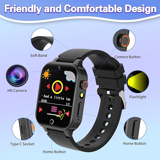 Vakzovy Kids Smart Watch Boys with 26 Puzzle Games HD Touchscreen Camera Pedometer Music Player Flashlight, Kids Toys Birthday Gifts for Boys Age 6-12 Kid Watch Boy 8-10 with Screen Protector