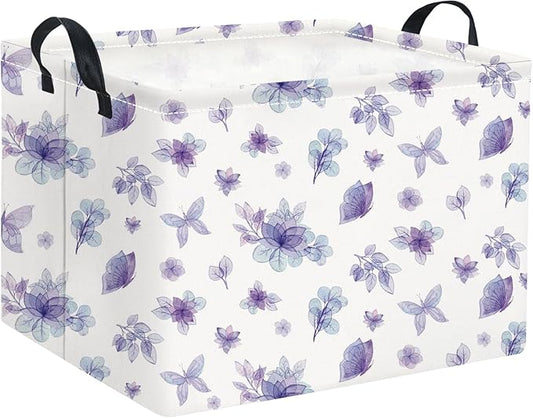 HIYAGON Rectangular Storage Basket Collapse Canvas Fabric Cartoon Bin Organizer Box with Handles for Organizing Home Kitchen Room Decor(Watercolor Flower)