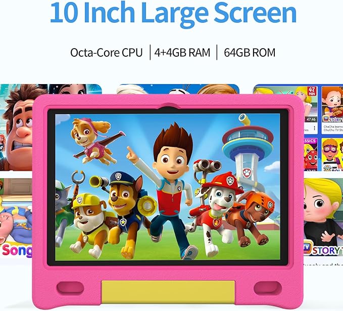 JREN Kids Table 10.1" ｜Android 14 Tablet for Kids｜64GB Storage｜Octa-Core｜WiFi ｜Cameras｜Parental Control｜Kids Content｜Case Included Great Gift for Children Ages 3-12 Years Old Pink