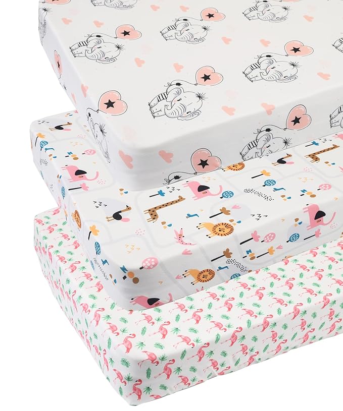 Pack n Play Sheet Stretchy Fitted Portable Mini Crib Sheets Set 3 Pack,Playard Sheets Convertible Playard Mattress Cover,Ultra Soft Jersey Material,Flamingo Elephant & Lion