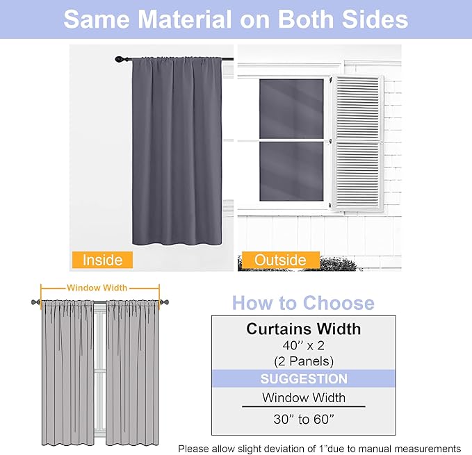 Simplebrand Ava Grey Blackout Curtains for Bedroom 72 Inch Length 2 Panels Set, Privacy Thermal Insulated Rod Pocket Door Window Curtains for Patio French Door Front Door, W40 x L72 Inch, Grey