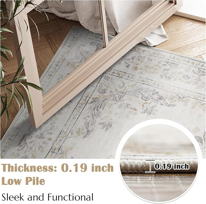 jinchan Vintage Floral 3x5 Area Rugs for Entryway - Machine Washable Distressed Design Ultra-Thin Low-Pile Soft Non-Shedding Carpet for Kitchen Bedroom Entrance Laundry Living Room (3x5ft,Light Grey)