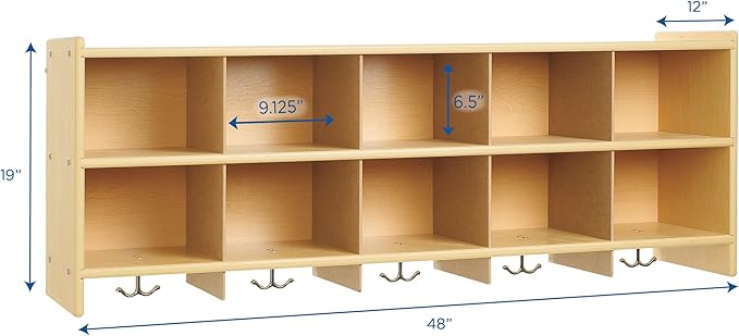 Angeles Value Line 10 Section Wall Locker, Classroom Shelves and Daycare Furniture, Cubby Storage Organizer with Hooks, 48" L x 12" W x 19" H