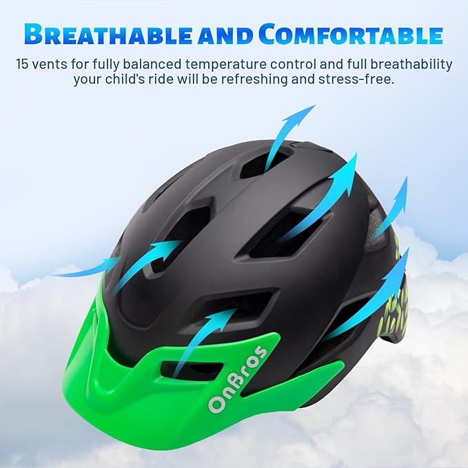 OnBros Kids Bike Helmet - Bike Helmets for 5-14 Boys or Girls with Visor, Children Bicycle Helmet for Skateboard Mountain Scooter Road Cycling, Lightweight and Adjustable 50-57CM