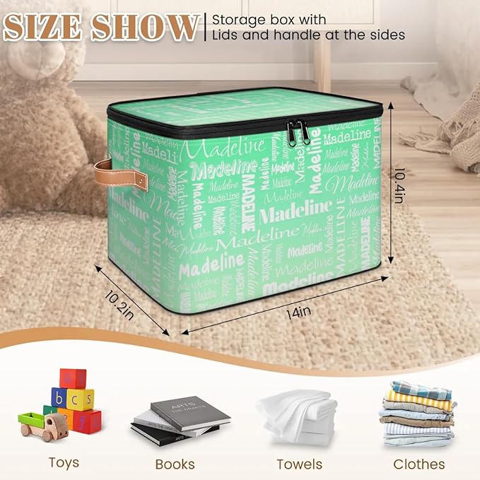 Custom Storage Basket with Name, Personalized Storage Bins with Zipper Lid, Foldable Fabric Storage Box Large capacity with Handle Green Gradient